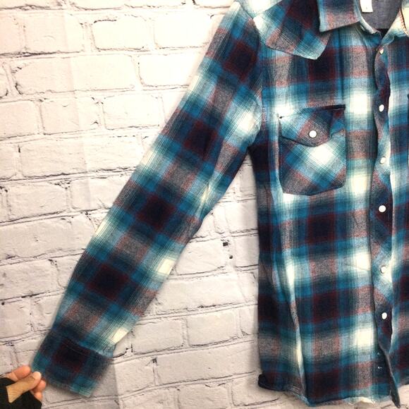 Roebuck and Co Western Pearl Snap Cowboy Rodeo Blue Plaid Flannel Shirt Men's S - Picture 4 of 13